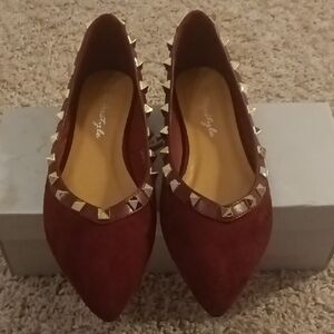 Freestyle Pointed-Toe Studded Flats - Burgundy